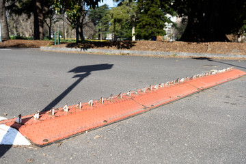 One way traffic speed bump with spikes.