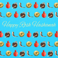 Rosh hashanah (jewish New Year holiday) pattern concept. Traditional symbols.