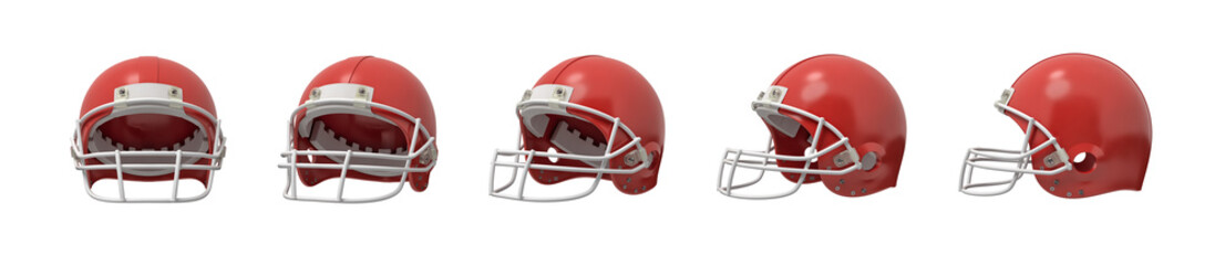 Fototapeta premium 3d rendering set of American football helmets in red color isolated on white background.