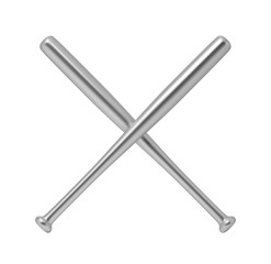 3d rendering of two sleek steel baseball bats crossing each other on a white background.