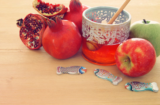 Rosh hashanah (jewish New Year holiday) concept. Traditional symbols.