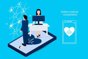 Man using a phone to meet with a doctor. Digital health concepts. Medical care online. Vector isometry