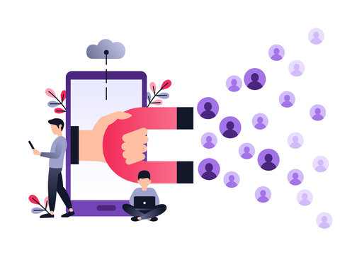 Social media ultra violet concept vector illustration with magnet engaging followers and likes. Inbound marketing or customer retention strategy. Small people with laptop and smartphone.
