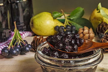Black chokeberry jam and fruit