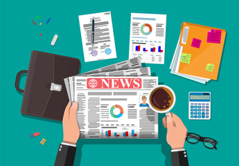 Businessman reading daily newspaper. News journal design. Pages with various headlines, images, quotes, text and articles. Media, journalism and press. Vector illustration in flat style.