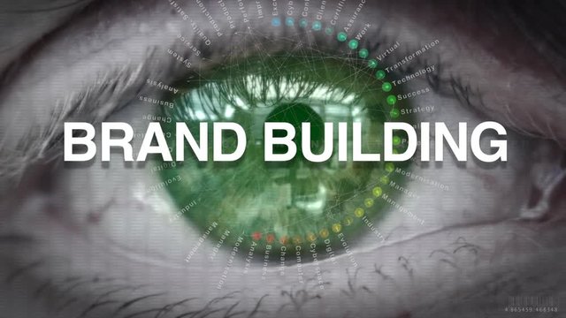 Close up of an eye focusing on Brand Building concept on a futuristic screen.