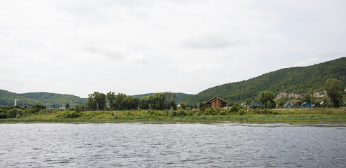 View of the Zhiguli mountains in the Samara region, Russia. Cloudy day, August 10, 2018