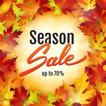 Season sale advertisement banner with red maple leaves, poster, retail, discount, vector illustration
