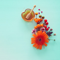 Rosh hashanah (jewish New Year holiday) concept. Traditional symbols.