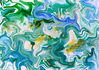 Fototapeta na wymiar Blue, green and golden abstract marbled texture.