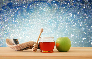 Rosh hashanah (jewish New Year holiday) concept. Traditional symbols.