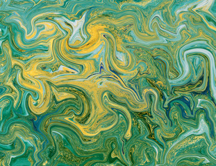 Blue, green and golden abstract marbled texture.