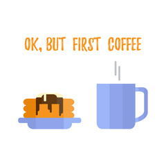 Cup with coffee and pancakes with gravy and scoop of ice cream.