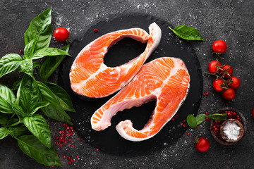 Raw salmon fish. Salmon steaks