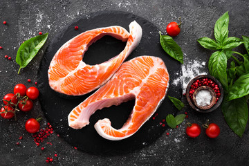 Raw salmon fish. Salmon steaks