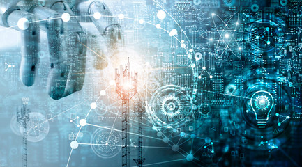 Futuristic technology concept, Mixed media, Innovations data systems connecting people and robots devices. AI, Artificial Intelligence, Robotic hand on blue circuit board background.