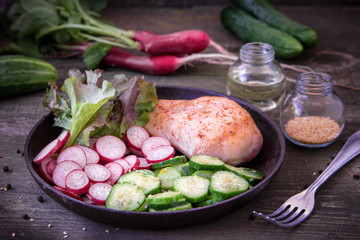 Healthy meal with chicken breast.