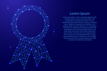 Abstract seal certificate award with ribbons from futuristic polygonal blue lines and glowing stars for banner, poster, greeting card. Vector illustration.