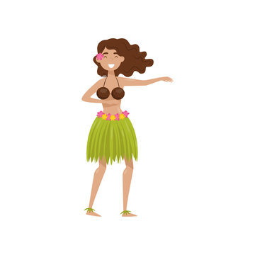 Hawaiian girl in grass skirt dancing vector Illustration on a white background