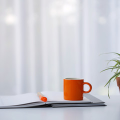 Orange cup and pen with diary notebook with windows curtain