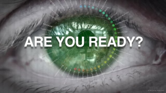 Close up of an eye focusing on Are You Ready concept on a futuristic screen.