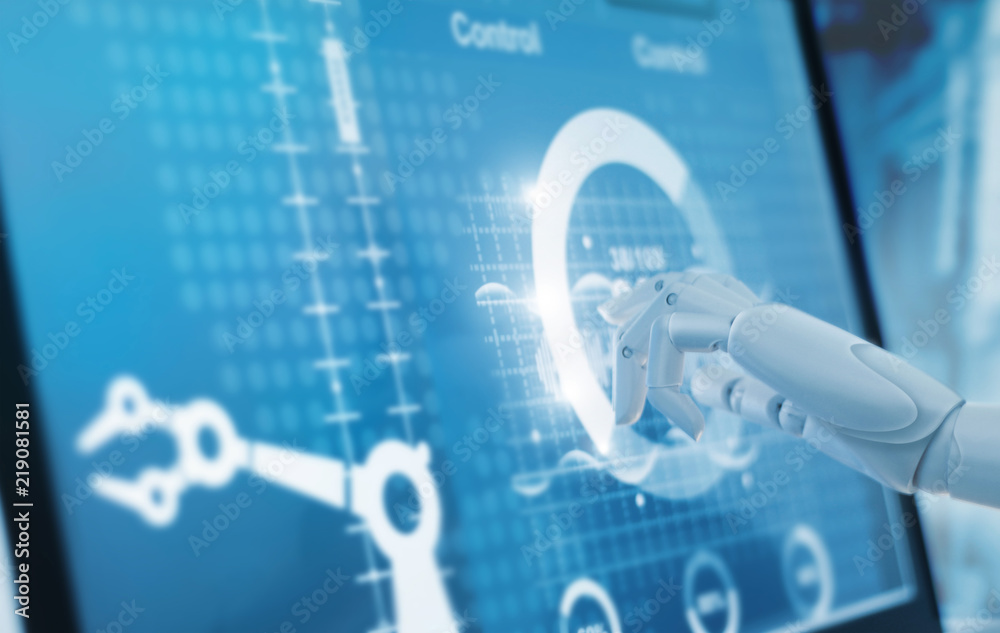 Aufkleber Robotics hand touching and controlling automation robot arms machine in intelligent factory on virtual reality touchscreen. AI. Futuristic technology and industry 4.0 concept.