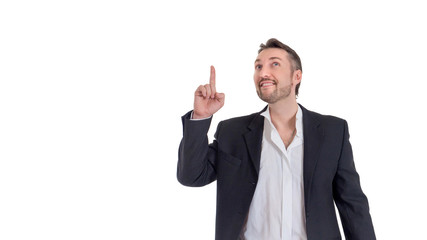 business man looking at camera and pointing finger up. image isolated over white background. people, male, business and portrait concept.