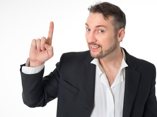 business man pointing up finger isolated on white background.