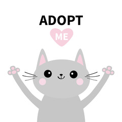 Adopt me. Dont buy. Gray cat silhouette. Hand hug. Pink heart. Pet adoption. Kawaii animal. Cute cartoon kitty character. Funny baby kitten. Help homeless animal Flat design. White background
