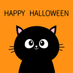 Black cat sitting silhouette. Happy Halloween. Cute cartoon character. Pet baby collection Greeting card. Flat design. Orange background. Isolated