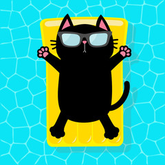 Black cat floating on yellow pool float water mattress. Swimming pool. Top air view. Hello Summer. Sunglasses. Lifebuoy. Cute cartoon relaxing character. Flat design.