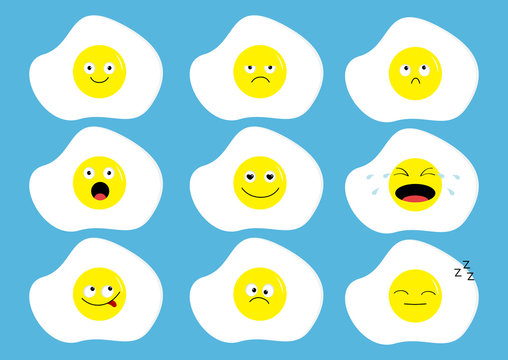 Fried egg icon emoji set. Funny kawaii cartoon characters. Emotion collection. Happy, surprised, smiling crying sad angry face head. Food breakfast. Flat design Blue background