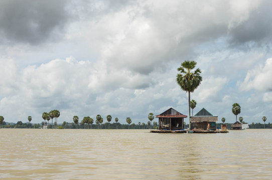 Panoramic landscapes of the flooded lake Tempe and floating village in the south of Sulawesi, Indonesia.