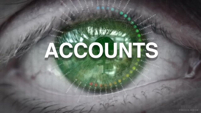 Close up of an eye focusing on Accounts concept on a futuristic screen.