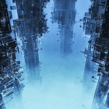 Space colony towers / 3D illustration of dark futuristic city shrouded in clouds