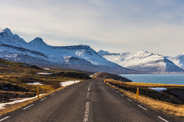 Vintage style Iceland road trip landscape in winter travel concept