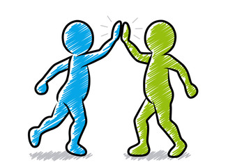 Zwei Strichmännchen beim High-Five / blau, grün / Schraffierte Vektor-Zeichnung