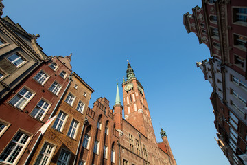 colorful houses in the center of gdańsk, typical pointed roofs of the local architecture. colorful...