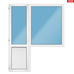 Metal plastic PVC PVC balcony window and door with opening casement. Indoor view. Presentation of models and frame installation. White color. Sample Vector Illustration isolated on white background.