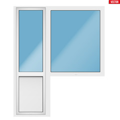Metal plastic PVC PVC balcony window and door with opening casement. Outdoor view. Presentation of models and frame installation. White color. Sample Vector Illustration isolated on white background.