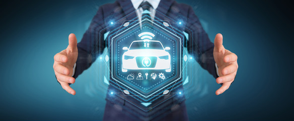 Businessman using modern smart car interface 3D rendering