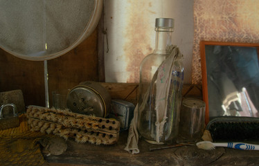 things on the shelf in the old house. still life