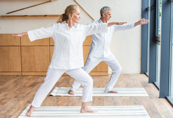 Full length view of elderly couple practicing yoga and performing warrior yoga pose together