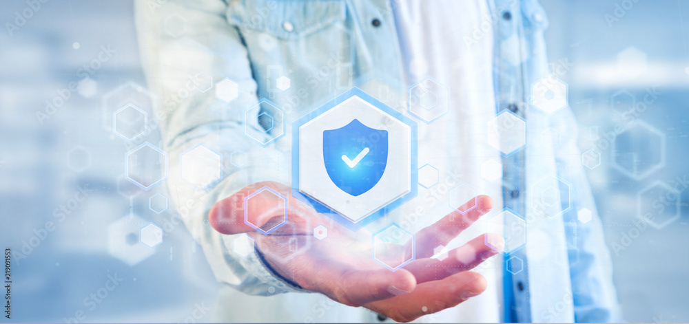Poster man holding a shield web security concept 3d rendering