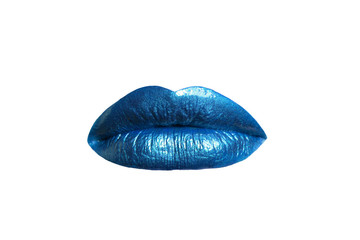 Female lips with blue matt lipstick close-up on a white background