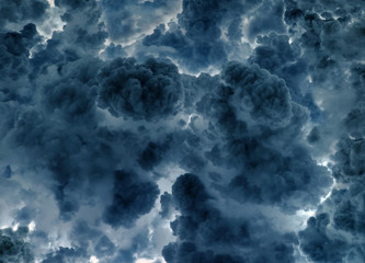 Dark sinister clouds abstract background. Steam looking nimbus with back light.