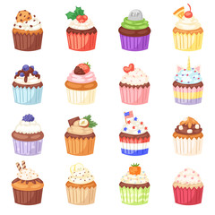 Cupcake vector muffin and sweet cake dessert with berries or caked candies illustration set of confectionery with cream and sweets in bakery for birthday party isolated on white background