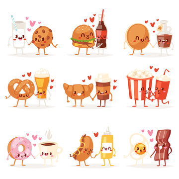 Food kawaii vector cartoon expression characters of fastfood hamburger loving doughnut emoticon illustration valentines set of burger emotion kissing coffee emoji in love isolated on white background