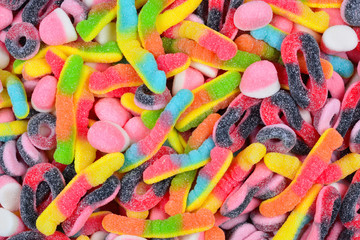 Assorted gummy candies. Top view. Jelly  sweets.