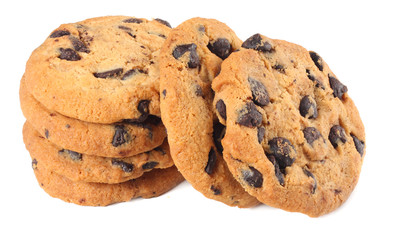 Chocolate chip cookies isolated on white background. Sweet biscuits. Homemade pastry.